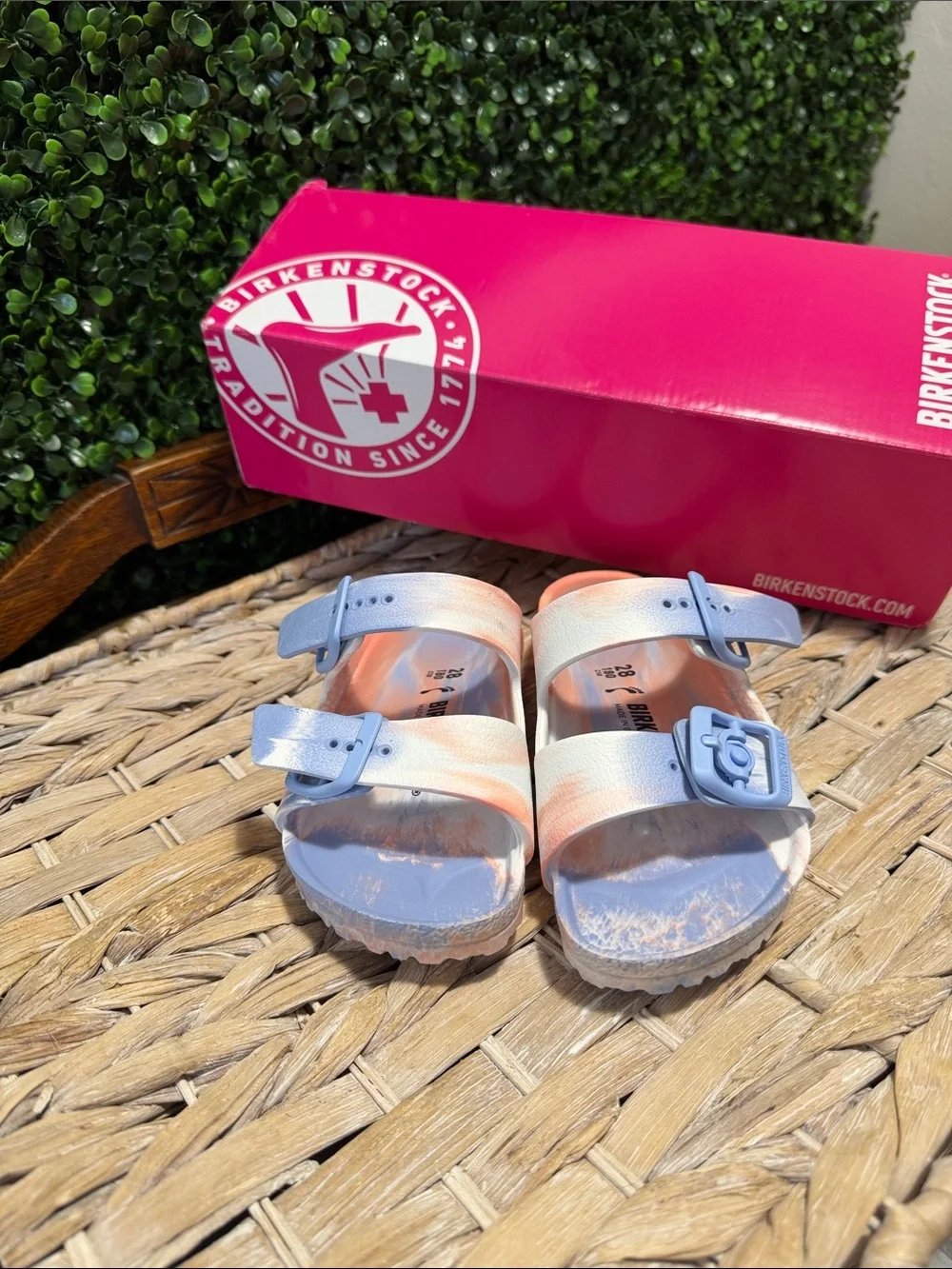 Birkenstock Kids Arizona Two-Strap Sandals - Peach & Light Blue